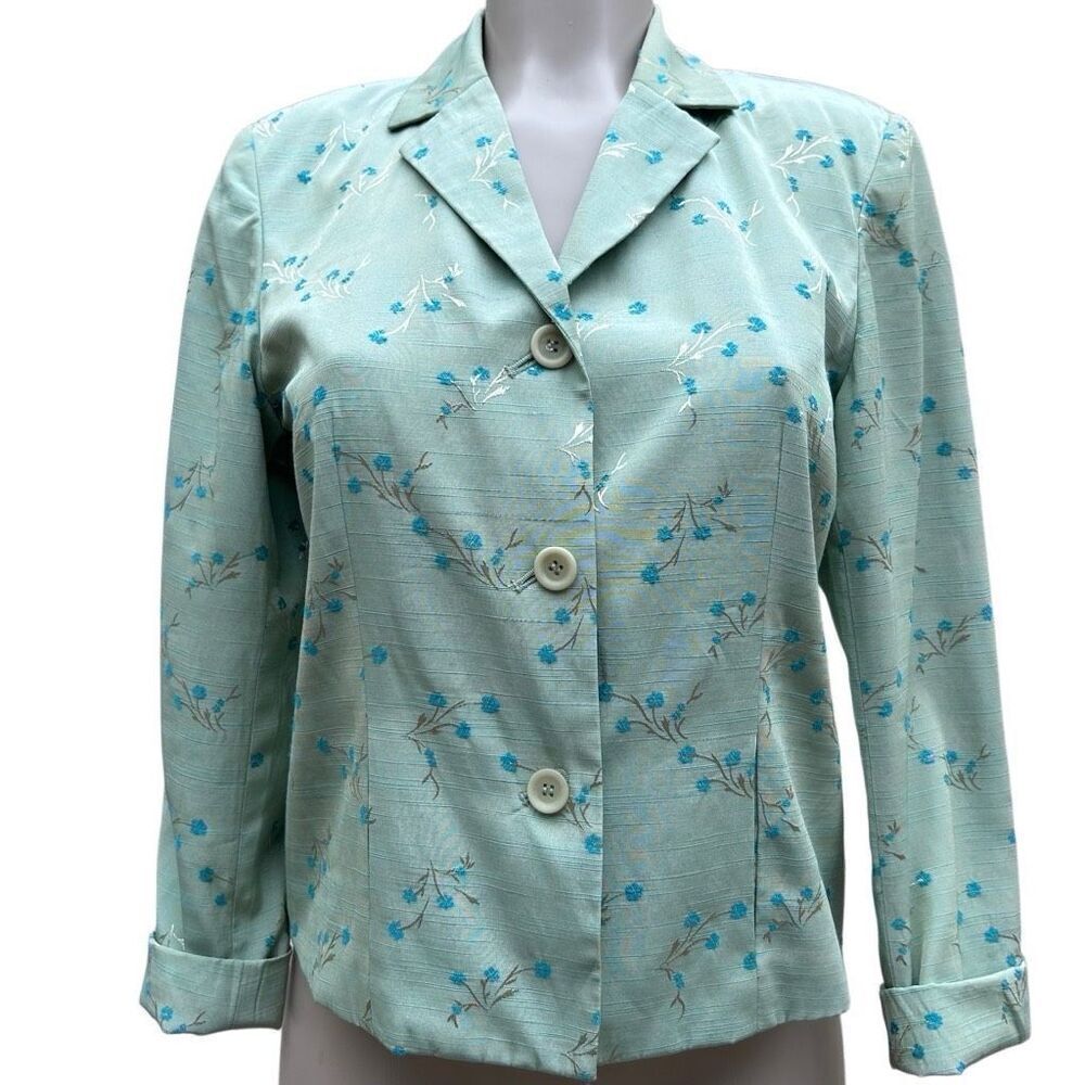 Vtg Norton McNaughton Blazer Jacket Women's Size 6P Light Green Textured Floral
